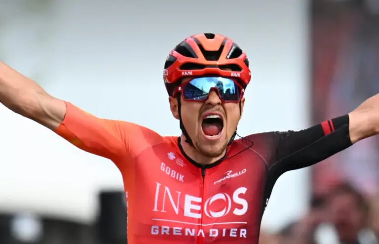 Tom Pidcock celebrates his victory at the 2024 Amstel Gold Race.